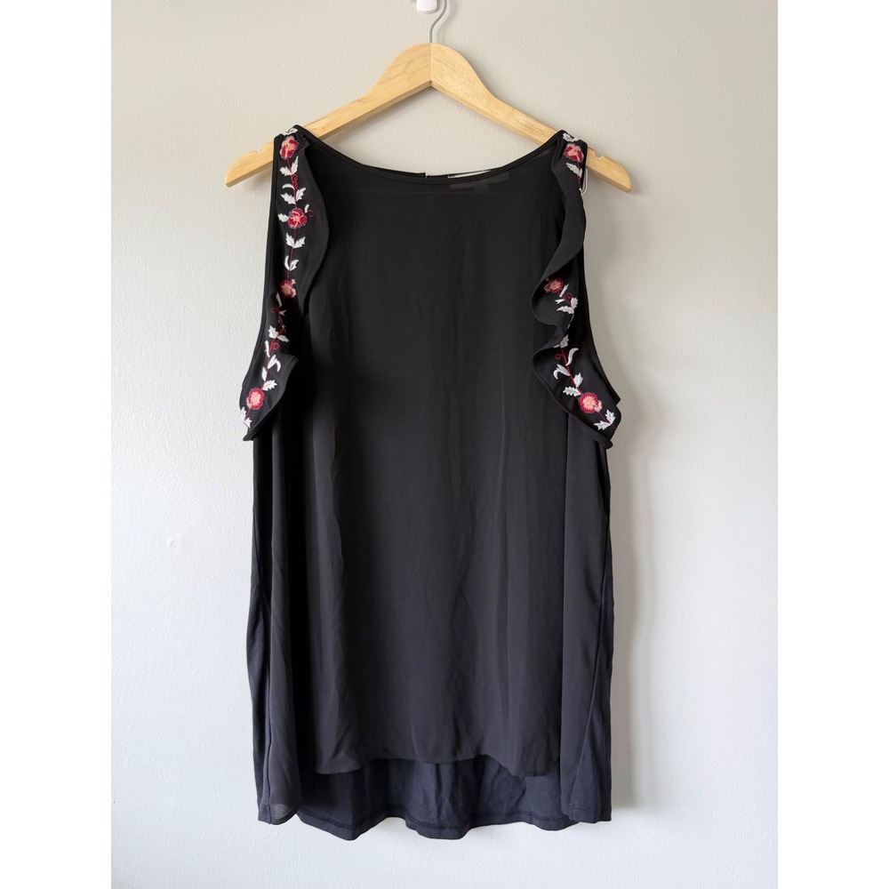 LOFT Womens XXL Black‎ Floral Embroidered Ruffle Shoulder Sleeveless Blouse Top